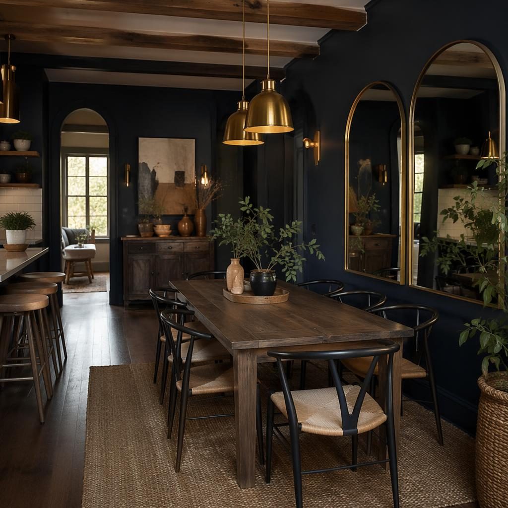 Cocina moderna farmhouse con paleta azul y latón, materiales naturales, plantas, arte textil y luz ambiental tenue