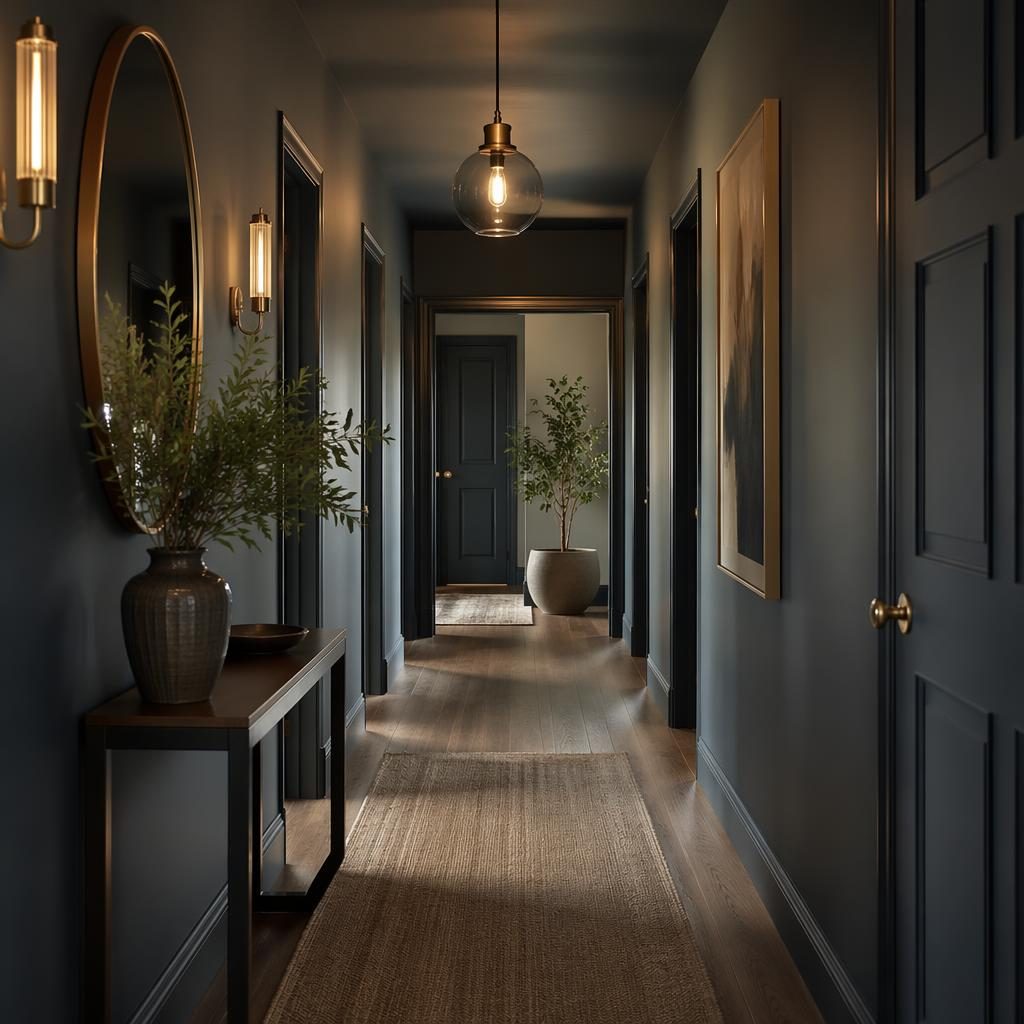 Rendu photo réaliste d’un intérieur minimaliste aux tons bleus et laiton, matériaux naturels, plantes et textiles.