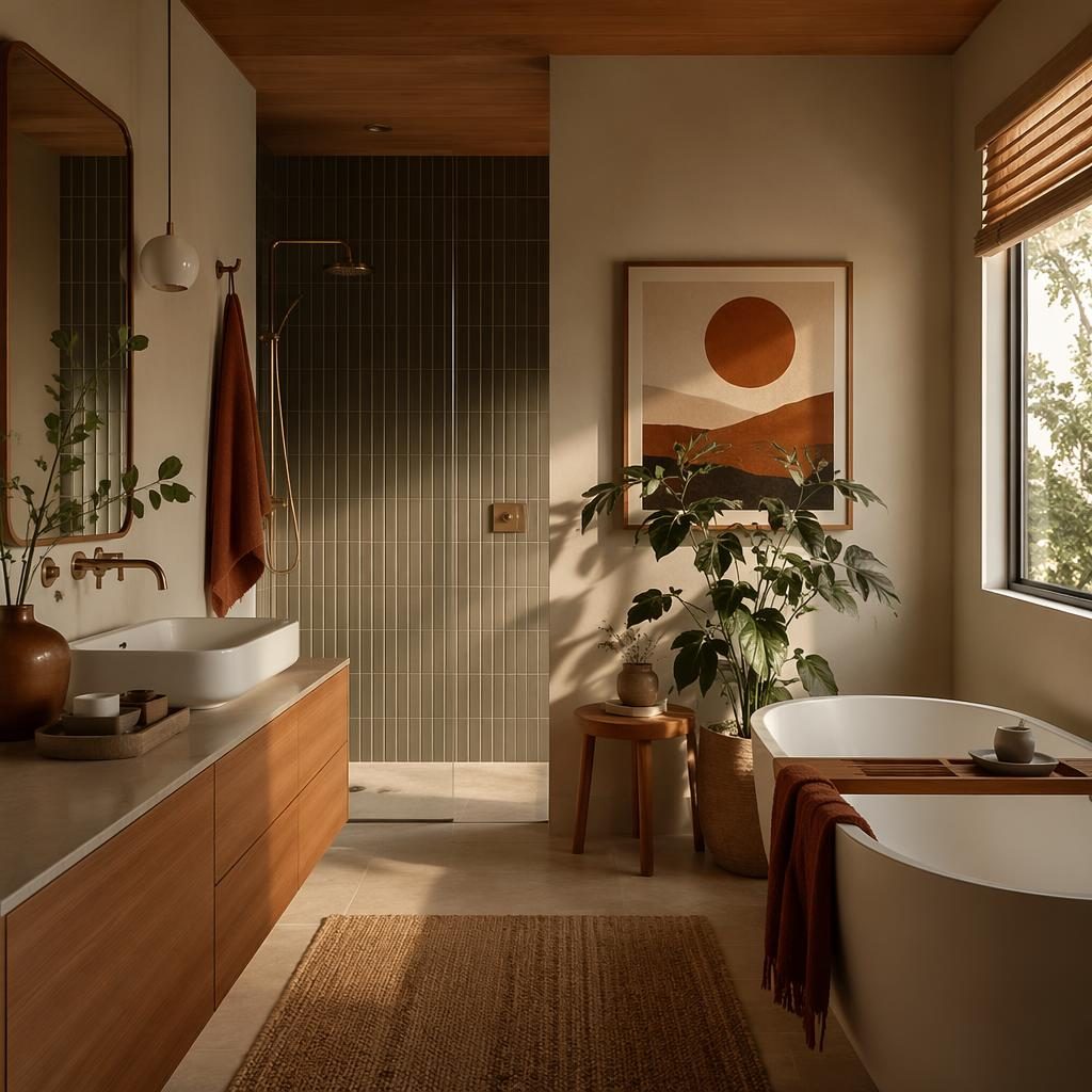 Minimalist walk-in closet with earth-tone decor, natural materials, plants, textiles, and golden hour light.