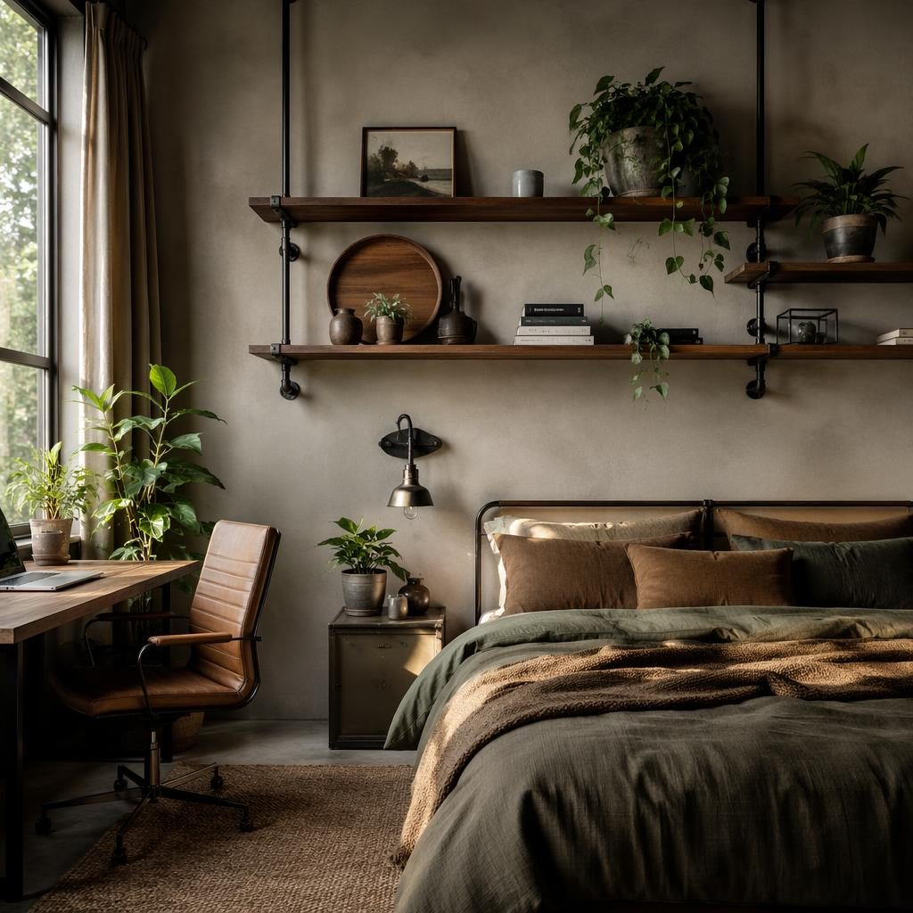 Dormitorio industrial con oficina en casa, tuberías vistas, tonos tierra, luz suave, plantas, arte, textiles y bandejas decoradas.