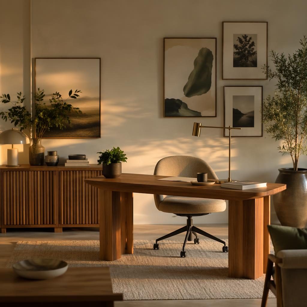 Industrial dining room interior render in sage and cream at golden hour with natural materials, plants, art and textiles.