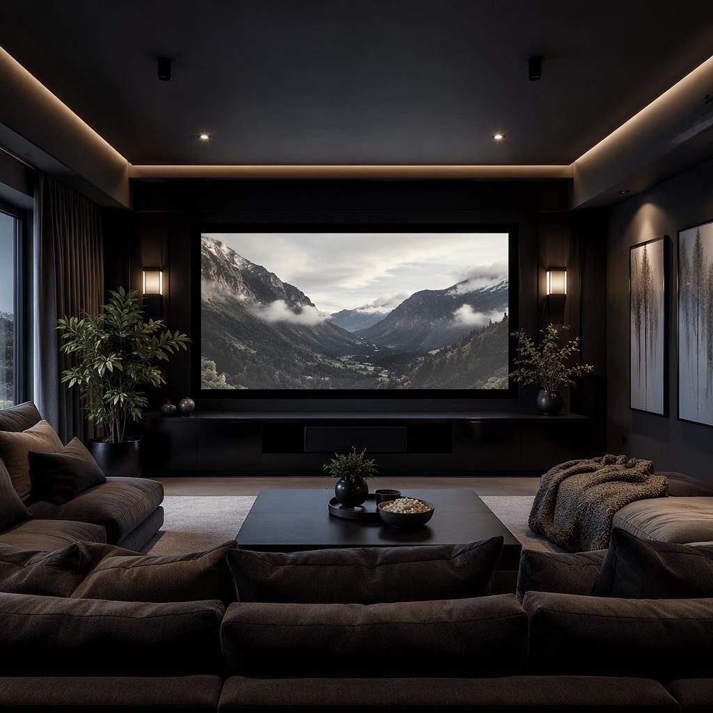 Dark luxurious home cinema lounge with grey tones, soft daylight, plush seating, plants, art, textiles and natural materials