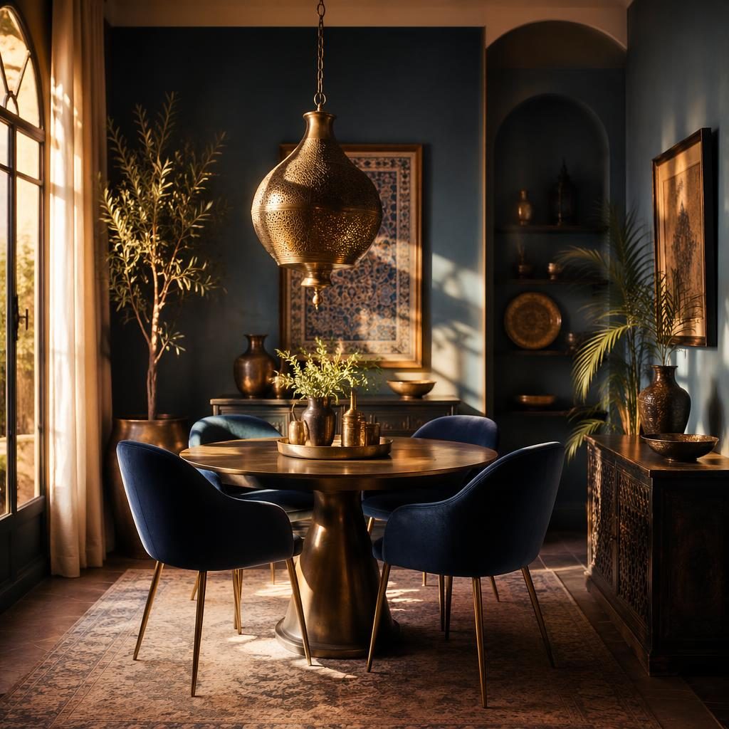 Dressing minimaliste style walk-in, palette bleu et laiton, lumière dorée, matériaux naturels, plantes et textiles.