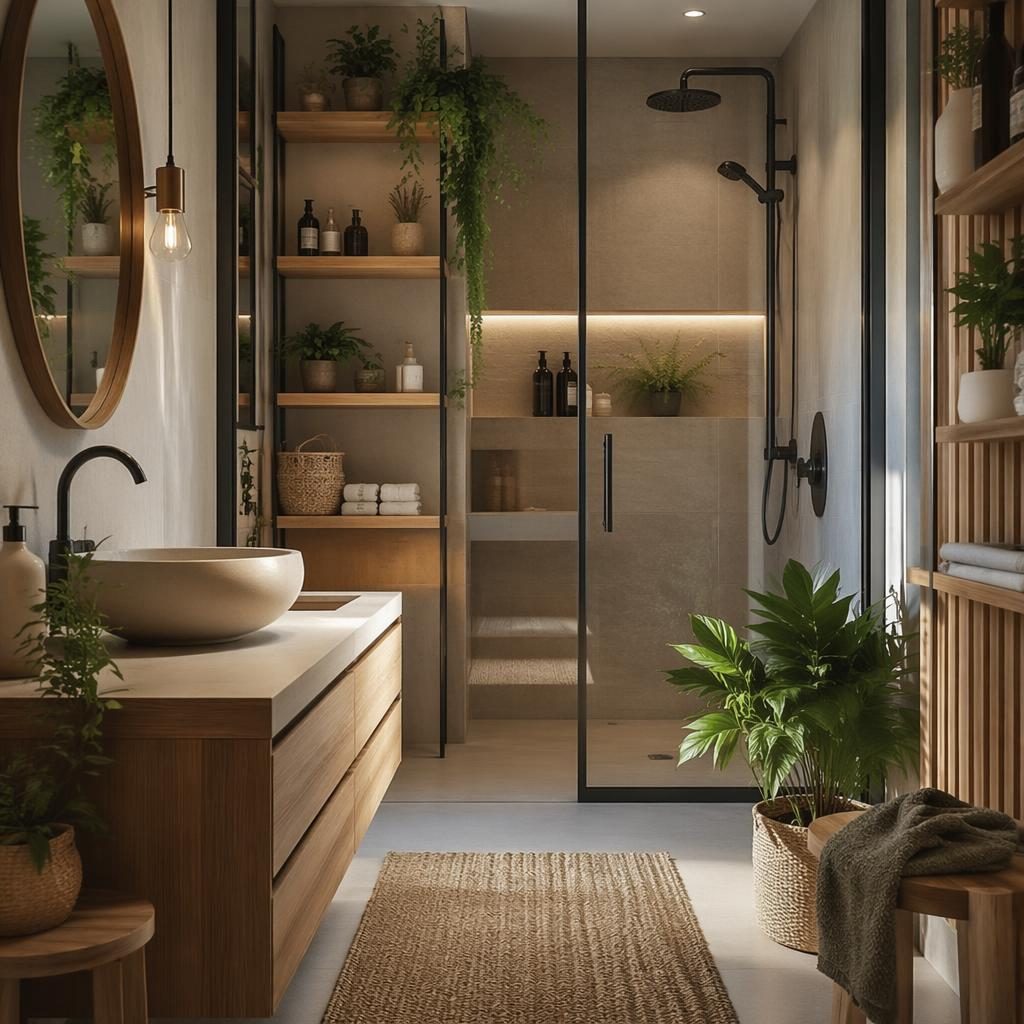 Realistic Scandinavian bathroom render with earth tones, soft daylight, wood accents, plants, textiles, art, and clean styling
