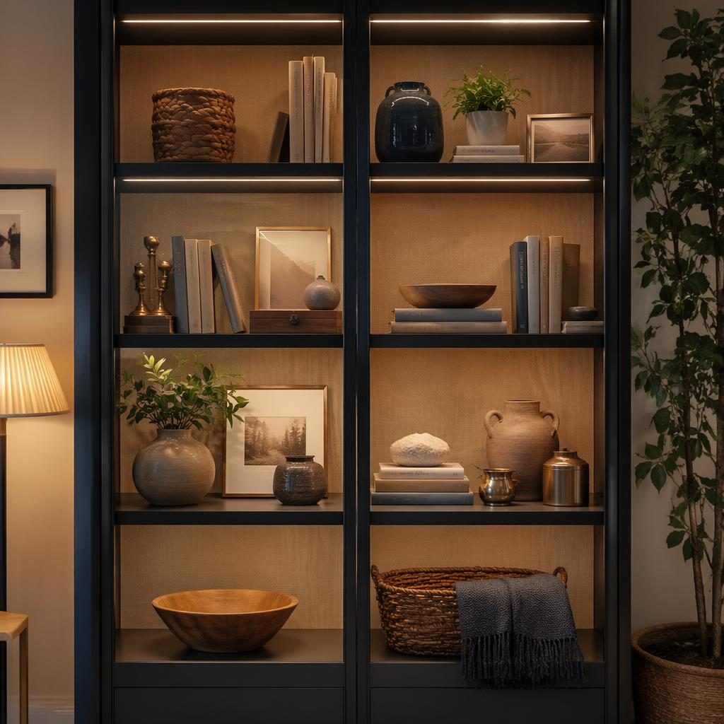 Render de interior estilo nórdico con armario vestidor, paleta azul y latón, textiles, plantas y luz cálida.