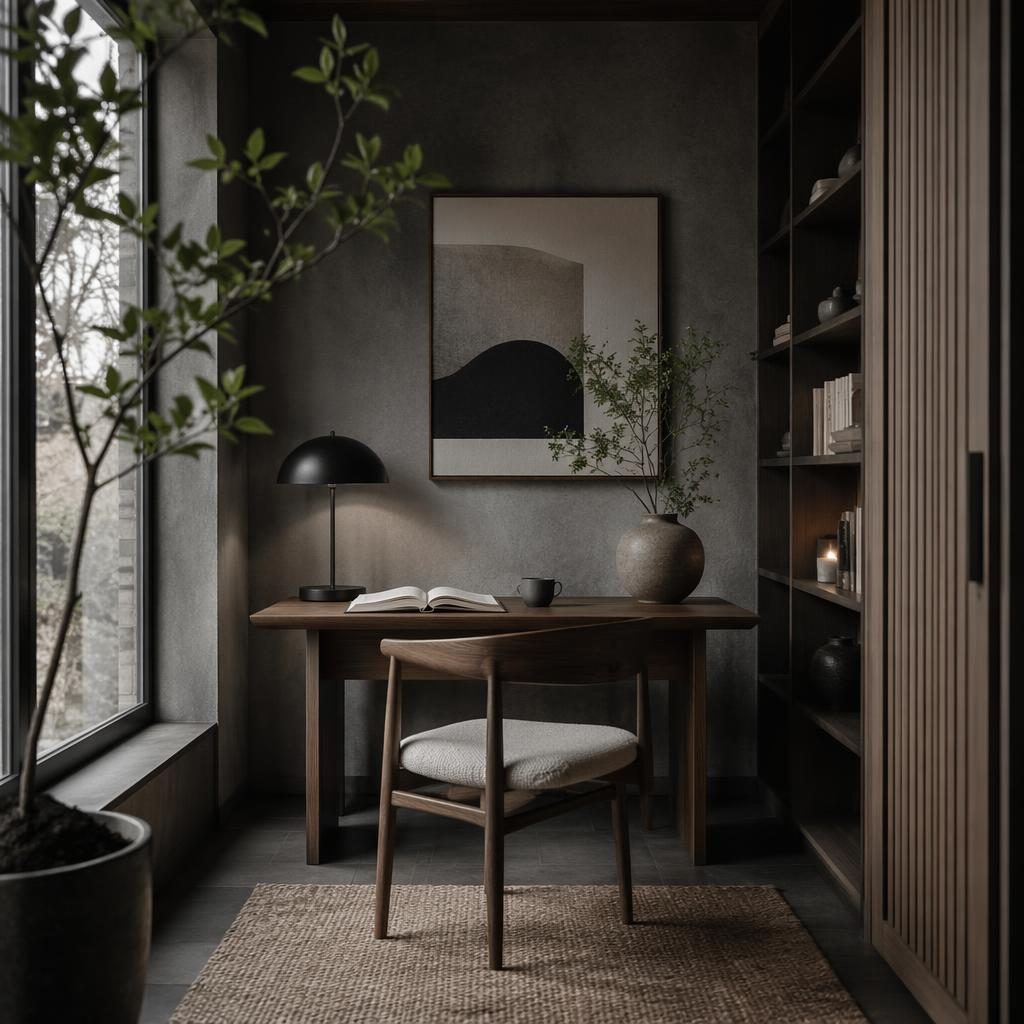 Moody japandi study nook with cool grey tones, natural wood, plants, art, textiles, and a styled reading chair.