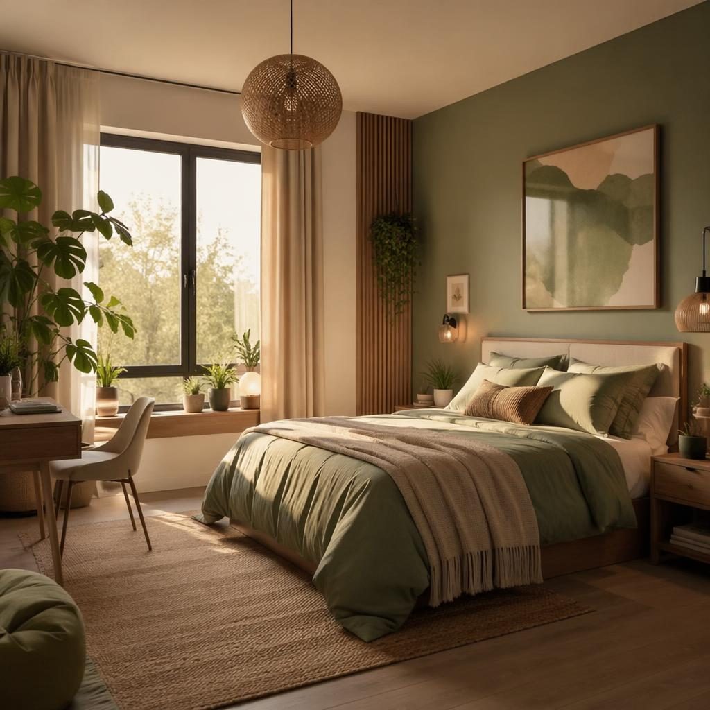 Moderner Jugend-Schlafraum in Salbei und Creme mit Naturmaterialien, Pflanzen, Kunst, Textilien und Abendlicht