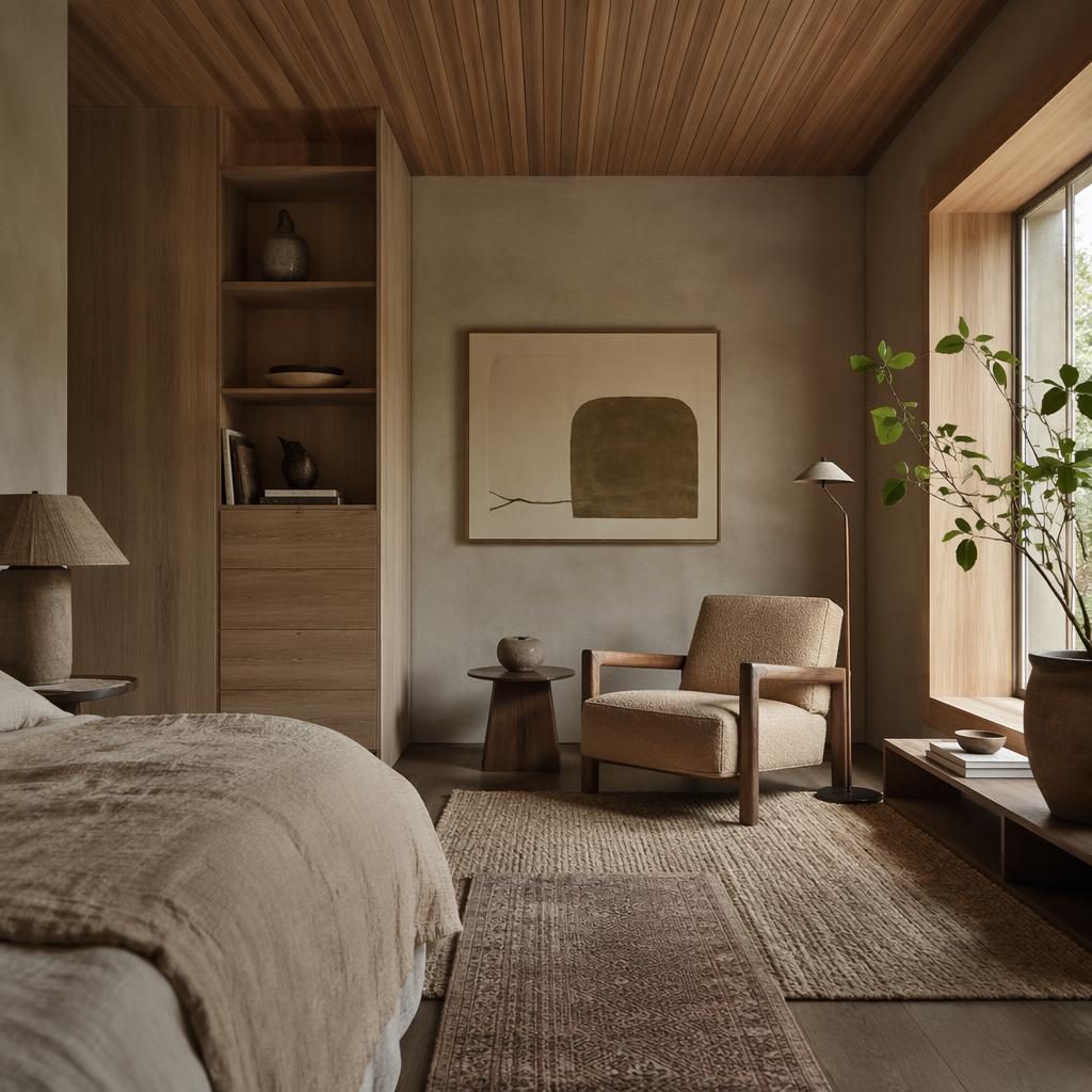 Ruhige Leseecke im Mid-Century-Stil mit Erdtönen, Tageslicht, Naturmaterialien, Pflanzen, Kunst und Textilien.