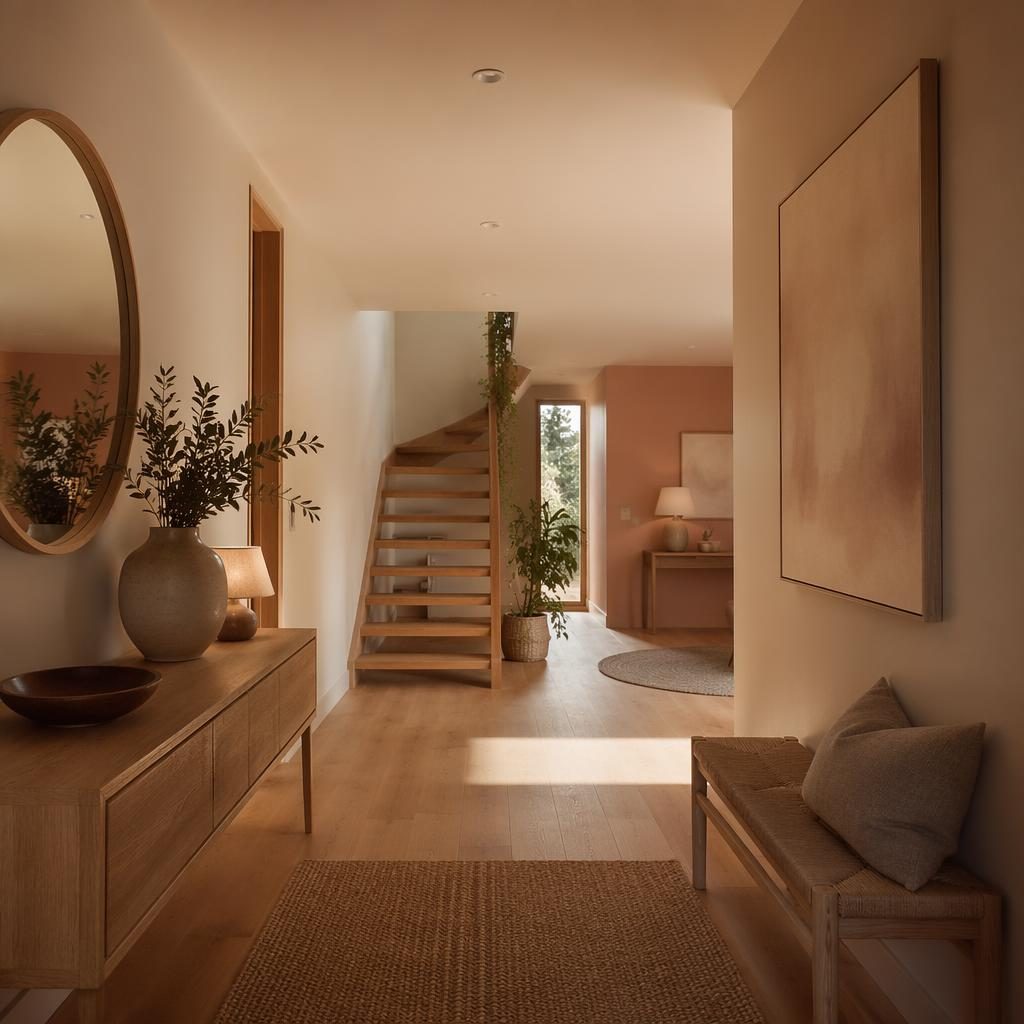 Dormitorio escandinavo con paleta rosa pastel y beige, luz dorada, muebles de madera, plantas, arte y textiles.