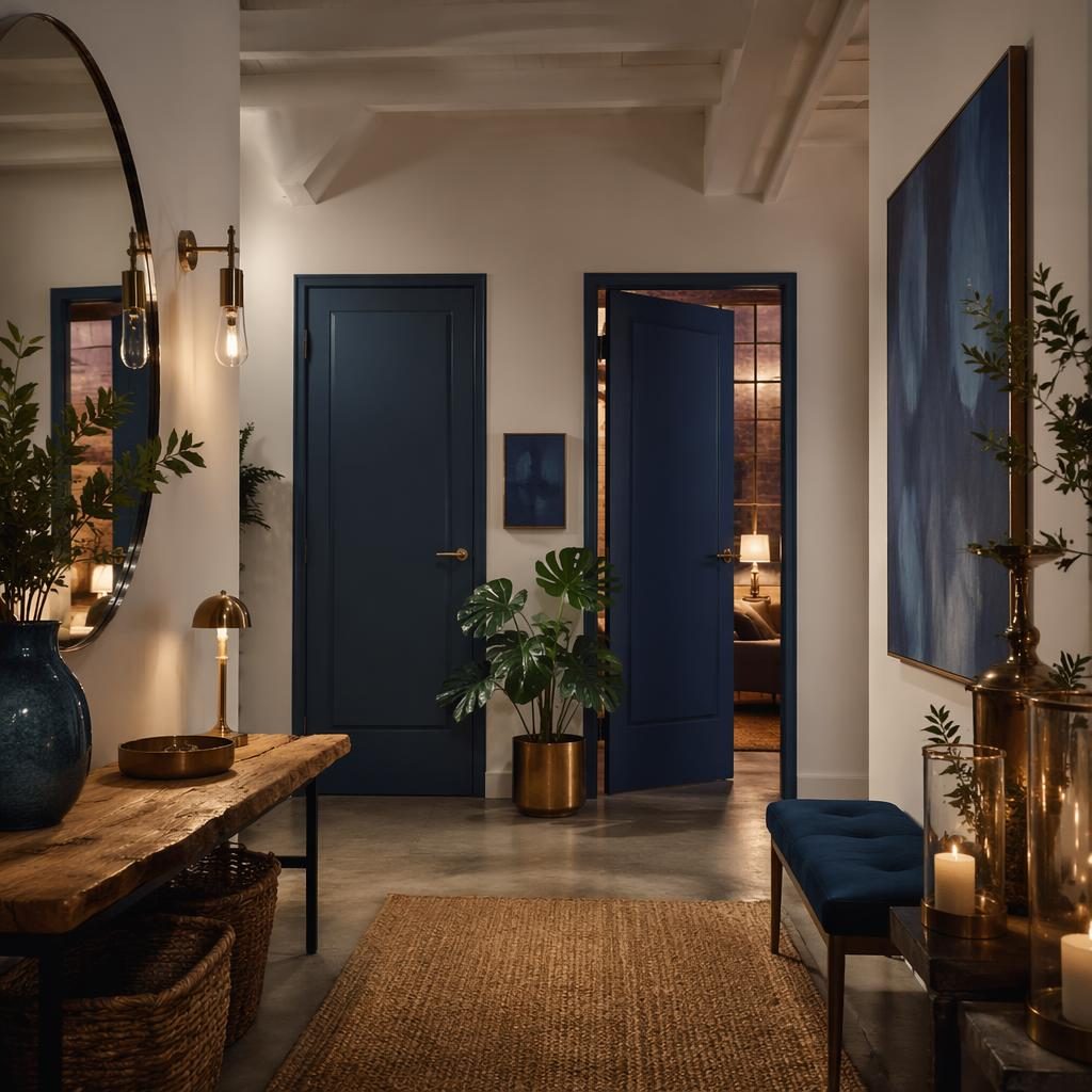 Entrée de loft blanc minimaliste style bohème, palette bleu et laiton, plantes, textiles, art mural et lumière du soir