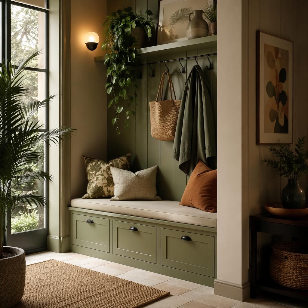 Moody art deco reading nook with sage and cream tones, bench seating, plants, textiles, and natural materials.