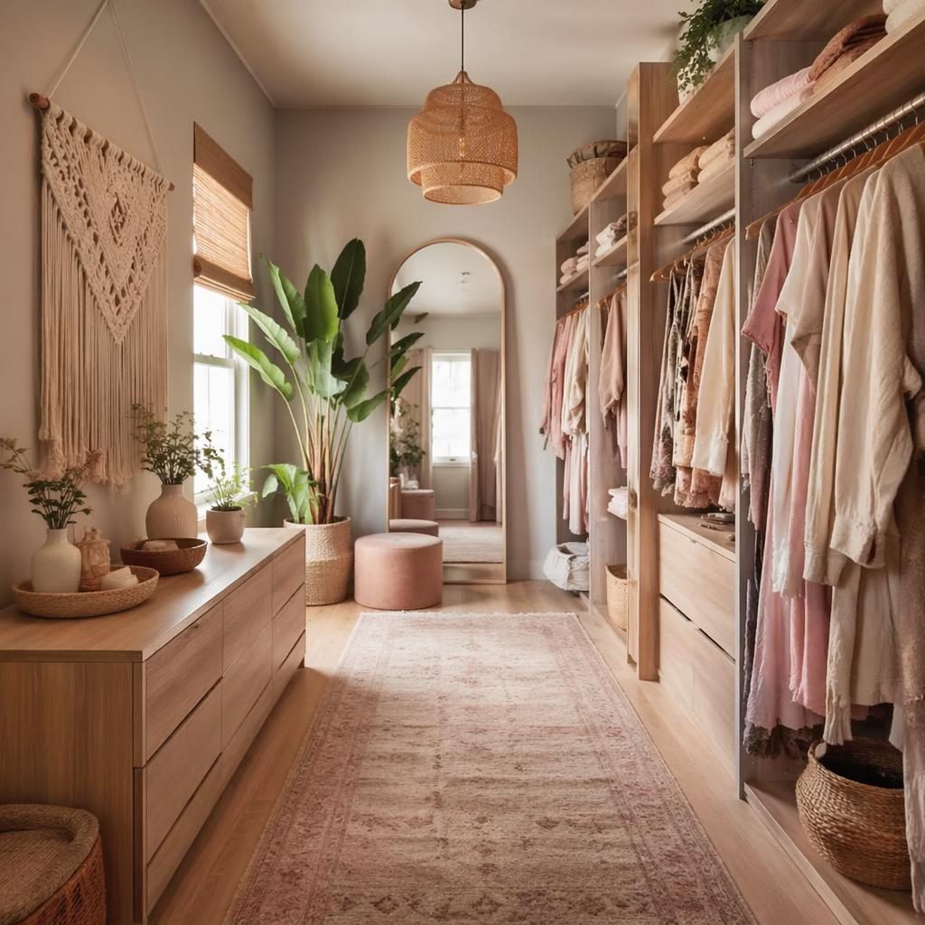 Vestidor boho con macramé, tonos rosa pastel y beige, luz natural suave, textiles, plantas y arte decorativo.