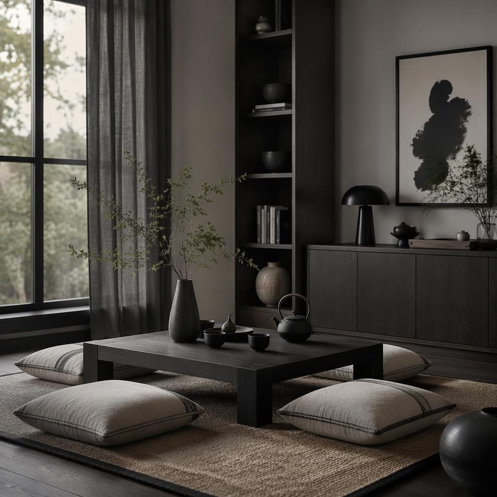 Japandi-Teeraum mit schwarz-weißer Farbpalette, Naturmaterialien, Pflanzen, Kunst, Textilien und weichem Licht