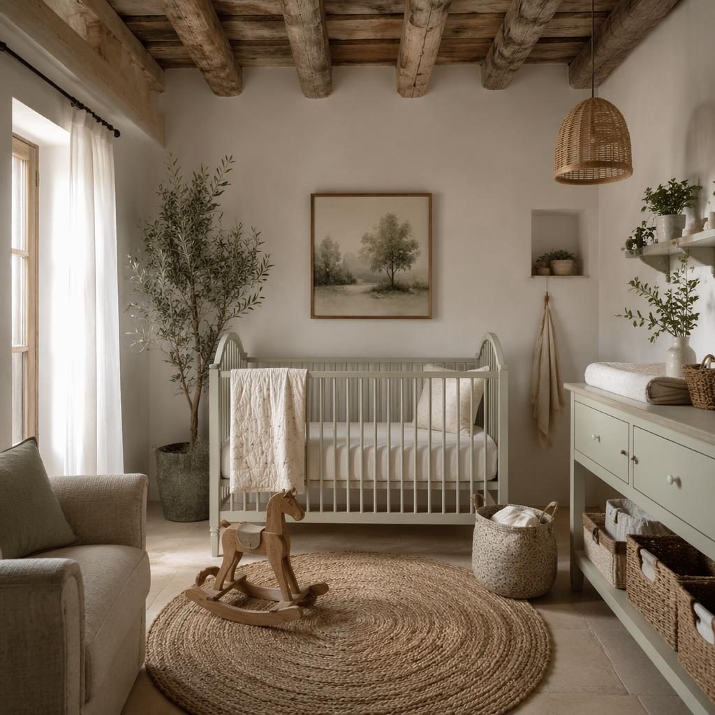 Cuarto infantil boho en tonos pastel, salvia y crema, con muebles naturales, textiles suaves, arte y plantas.