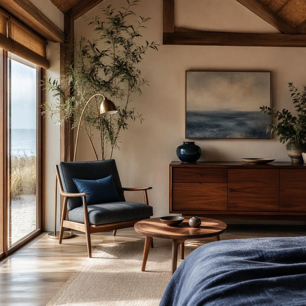 Japandi reading nook with teak furniture, blue and brass accents, plants, textiles, art, and soft daylight.