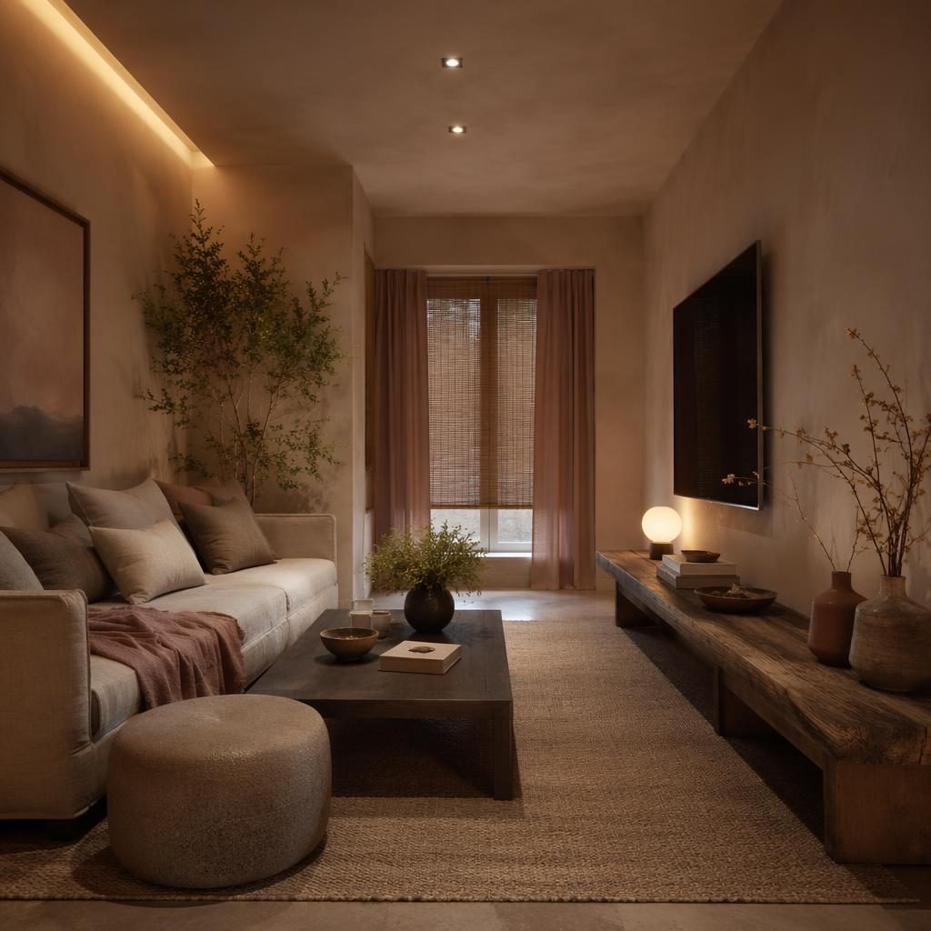 Interior estilo wabi-sabi en tonos rosa pastel y beige, con materiales naturales, plantas, arte textil y luz tenue.