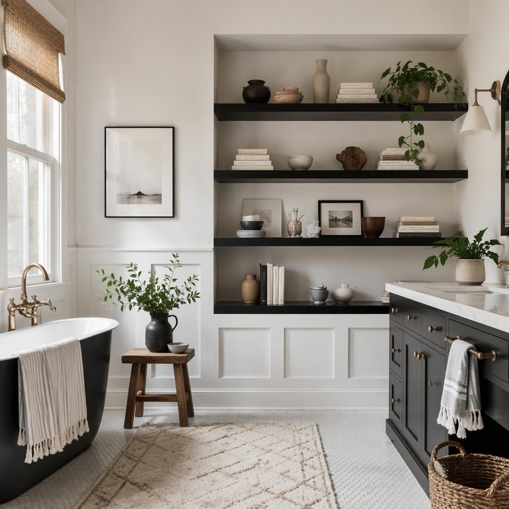 Modern farmhouse kitchen in black and white with soft daylight, styled shelves, natural materials, plants, art, and textiles.