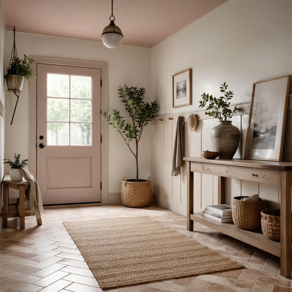 Farmhouse-Mudroom im Mid-Century-Stil mit rosa-beiger Palette, Holzbank, Naturmaterialien, Pflanzen, Textilien und Tageslicht.