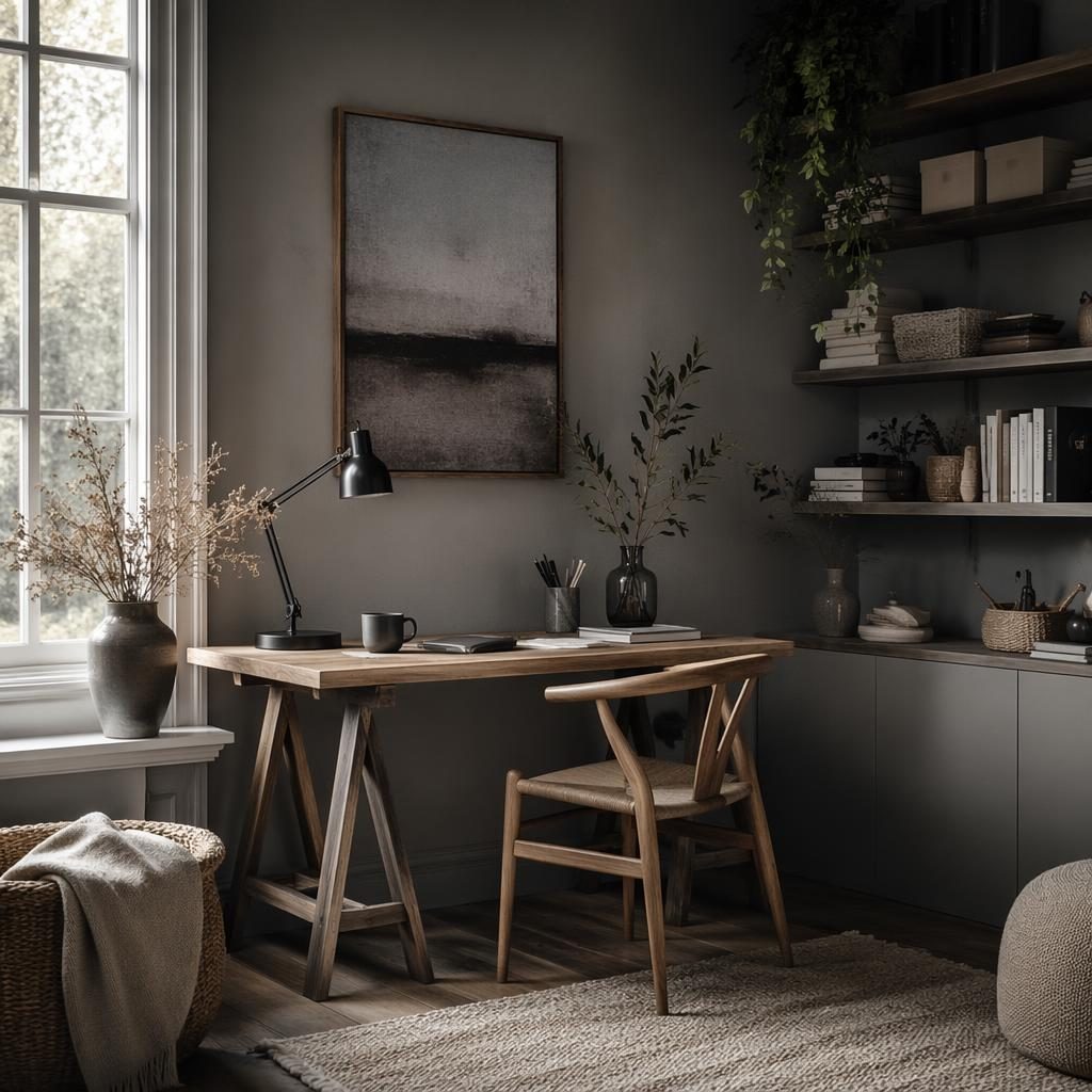 Bureau scandinave bohème aux tons gris froids, matériaux naturels, plantes, textiles et lumière tamisée, sans personne.