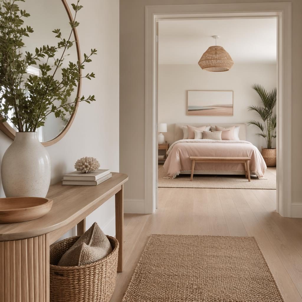 Pastel pink and beige coastal walk-in closet beside a soft bedroom, with natural materials, plants, art and textiles.