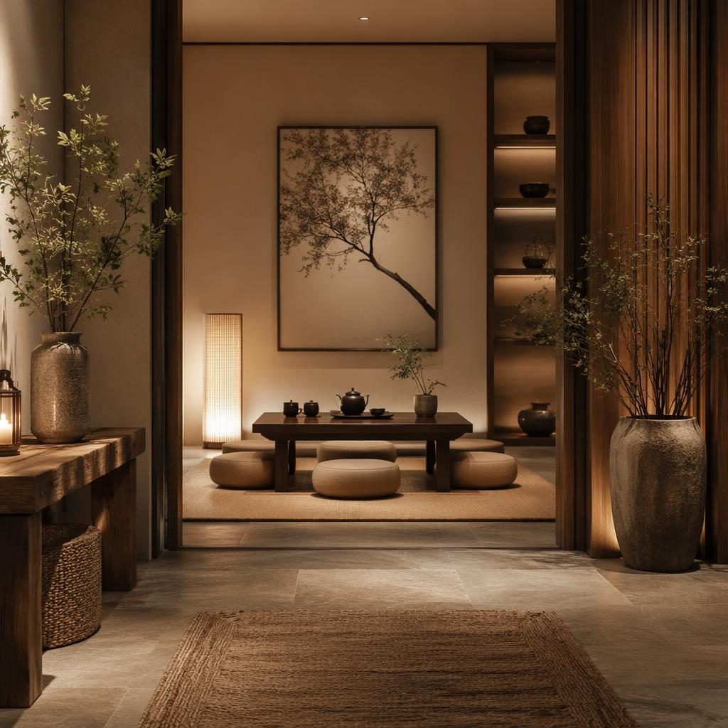 Recibidor contemporáneo estilo japandi tea room en tonos tierra, luz cálida, materiales naturales, plantas, arte y textiles.