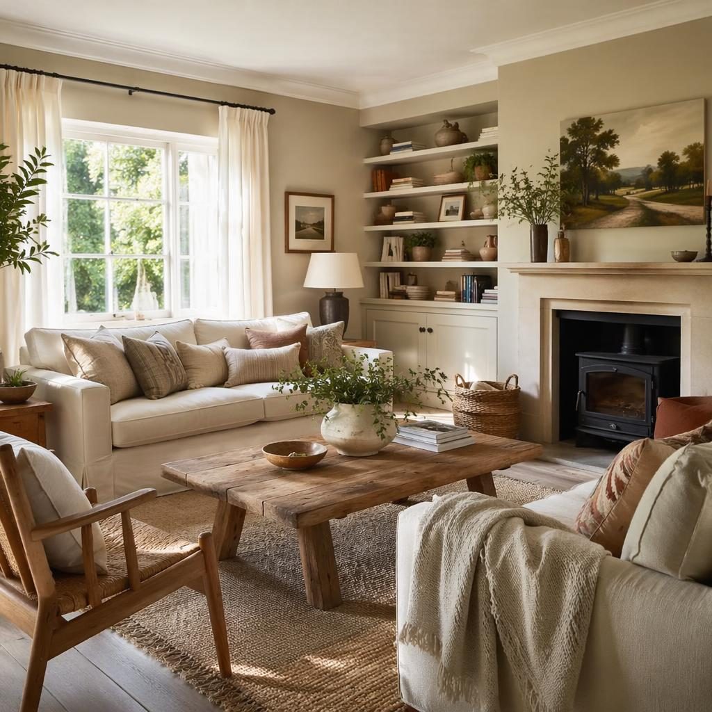 Salón escandinavo boho en tonos neutros cálidos, con sofá, textiles, plantas, arte y luz natural suave.