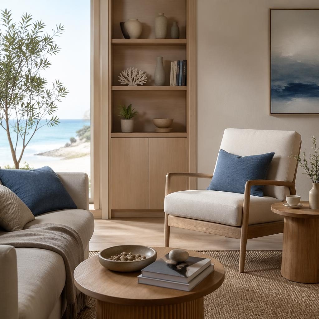 Coastal white and blue living room with an arm chair, soft daylight, natural textures, plants, art, and textiles.