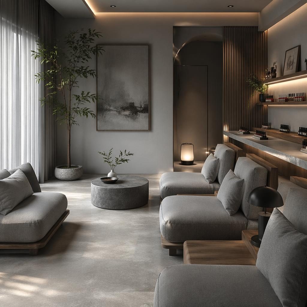 Japandi tea room interior with cool grey palette, natural wood, low seating, plants, art, and soft overcast light