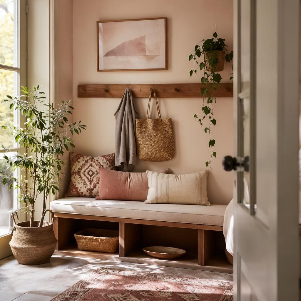 Mid-century pastel pink and beige bathroom-style interior with a boho reading corner, bench, plants, art, and soft daylight