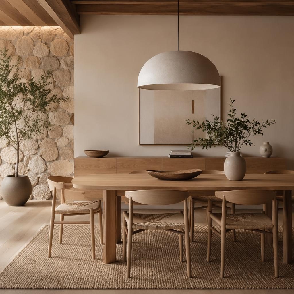 Render fotográfico de comedor escandinavo en tonos neutros cálidos, con madera, textiles, plantas y luz ambiental suave.