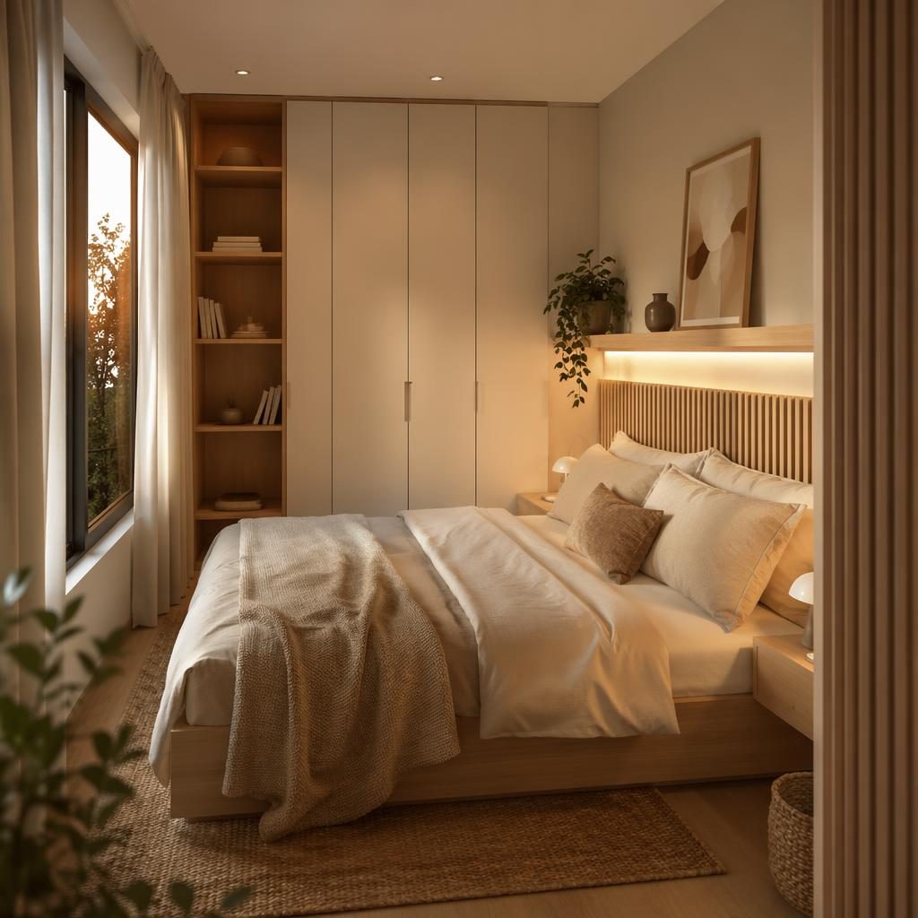 Luxury contemporary spa bathroom with earth-tone palette, natural materials, plants, art, textiles, and golden hour light