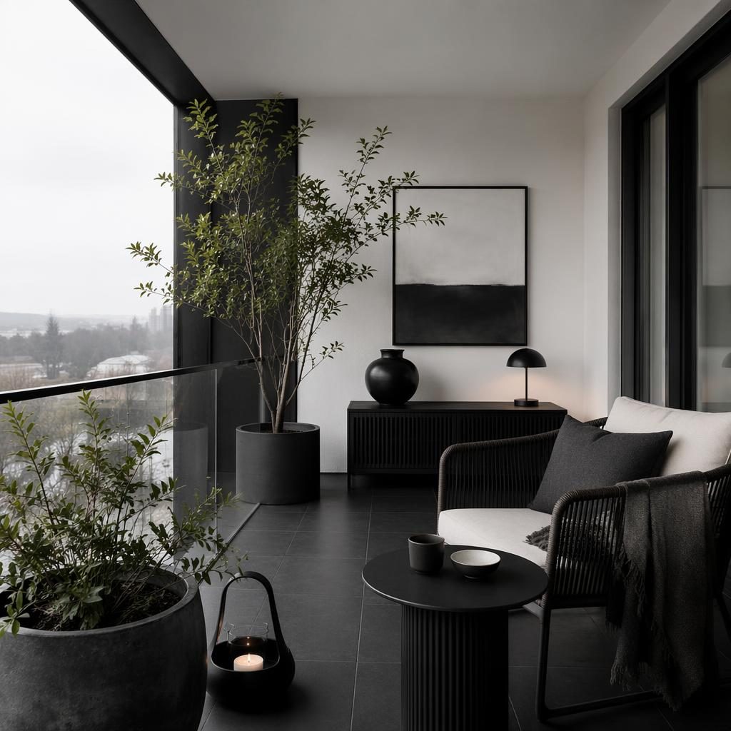 Balcon japandi en noir et blanc avec matériaux naturels, plantes, textiles et mobilier contemporain, sans personnes