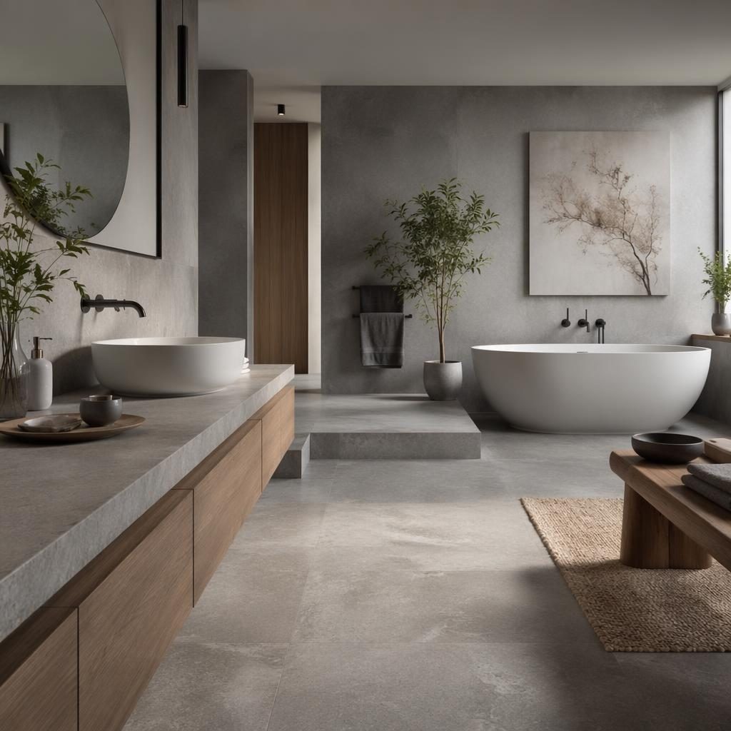 Salle de bain contemporaine japandi en gris froid, îlot central, lumière douce, matériaux naturels, plantes et textiles.