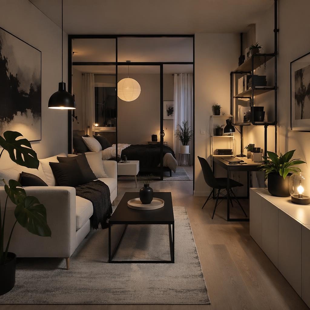 Skandinavisches Wohn- und Homeoffice-Interior in Schwarz-Weiß mit Pflanzen, Kunst, Textilien und sichtbaren Rohren.