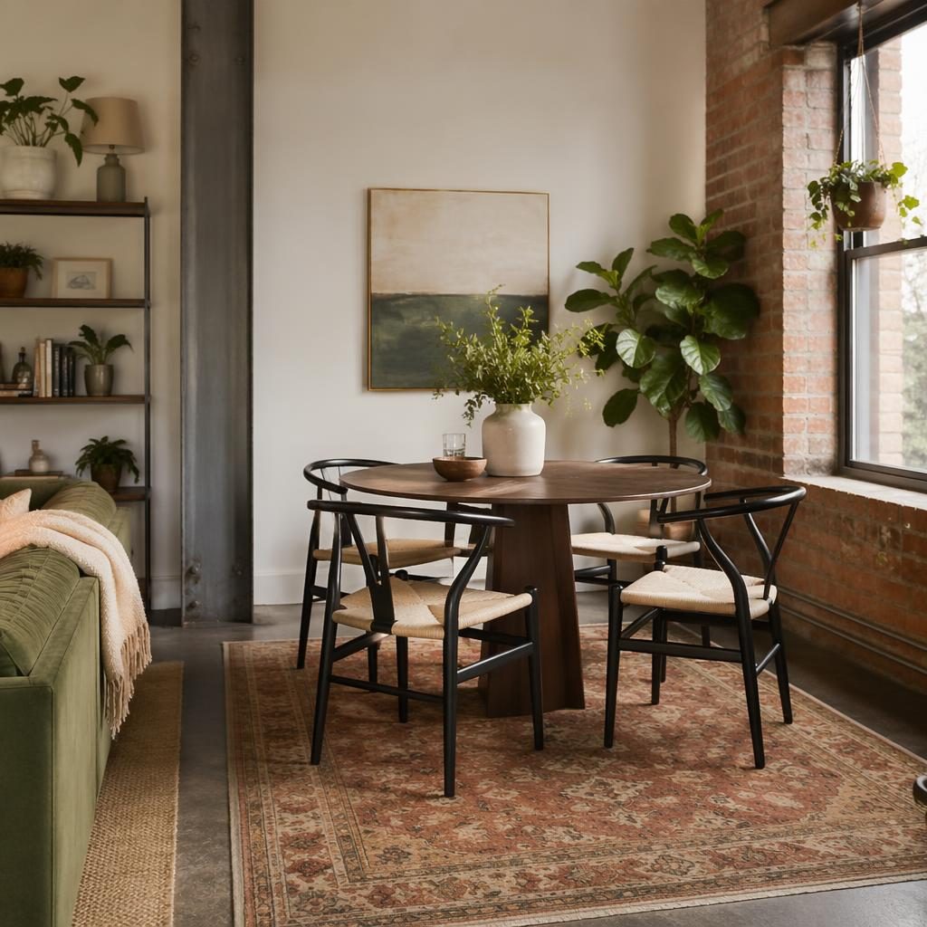 Industrial living room and boho dining area with warm rugs, sage and cream palette, plants, art, textiles, soft daylight