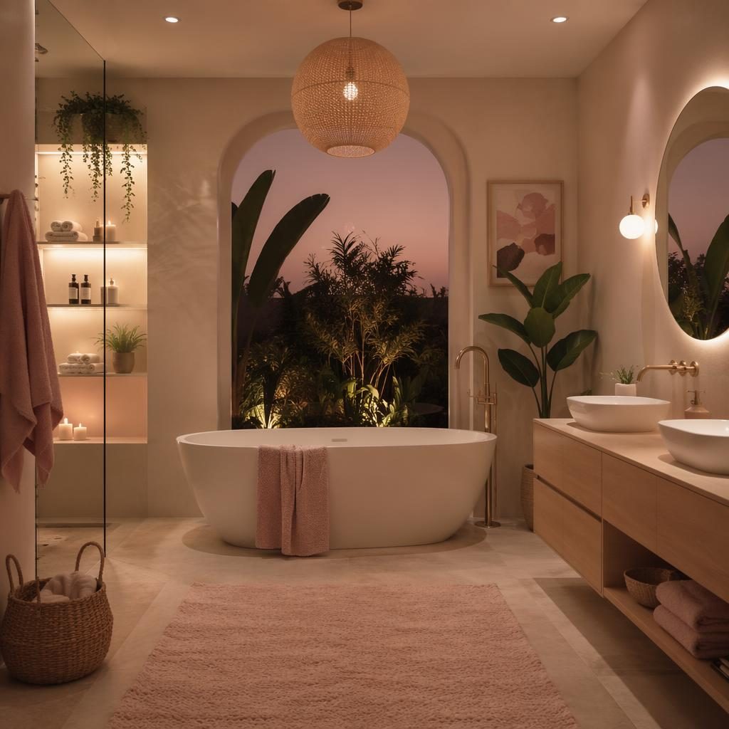 Luxury contemporary spa bathroom in pastel pink and beige with natural materials, plants, art, textiles, warm evening light.