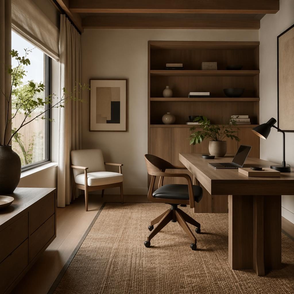 Realistic japandi bedroom with warm neutral palette, soft daylight, natural wood, textiles, plants, art, and minimal decor.