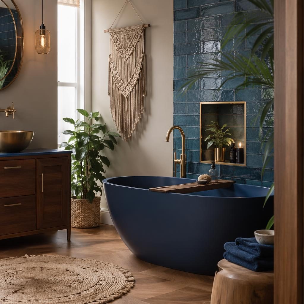 Luxury contemporary bathroom in blue and brass with wooden decor, plants, textiles, art, and soft daylight
