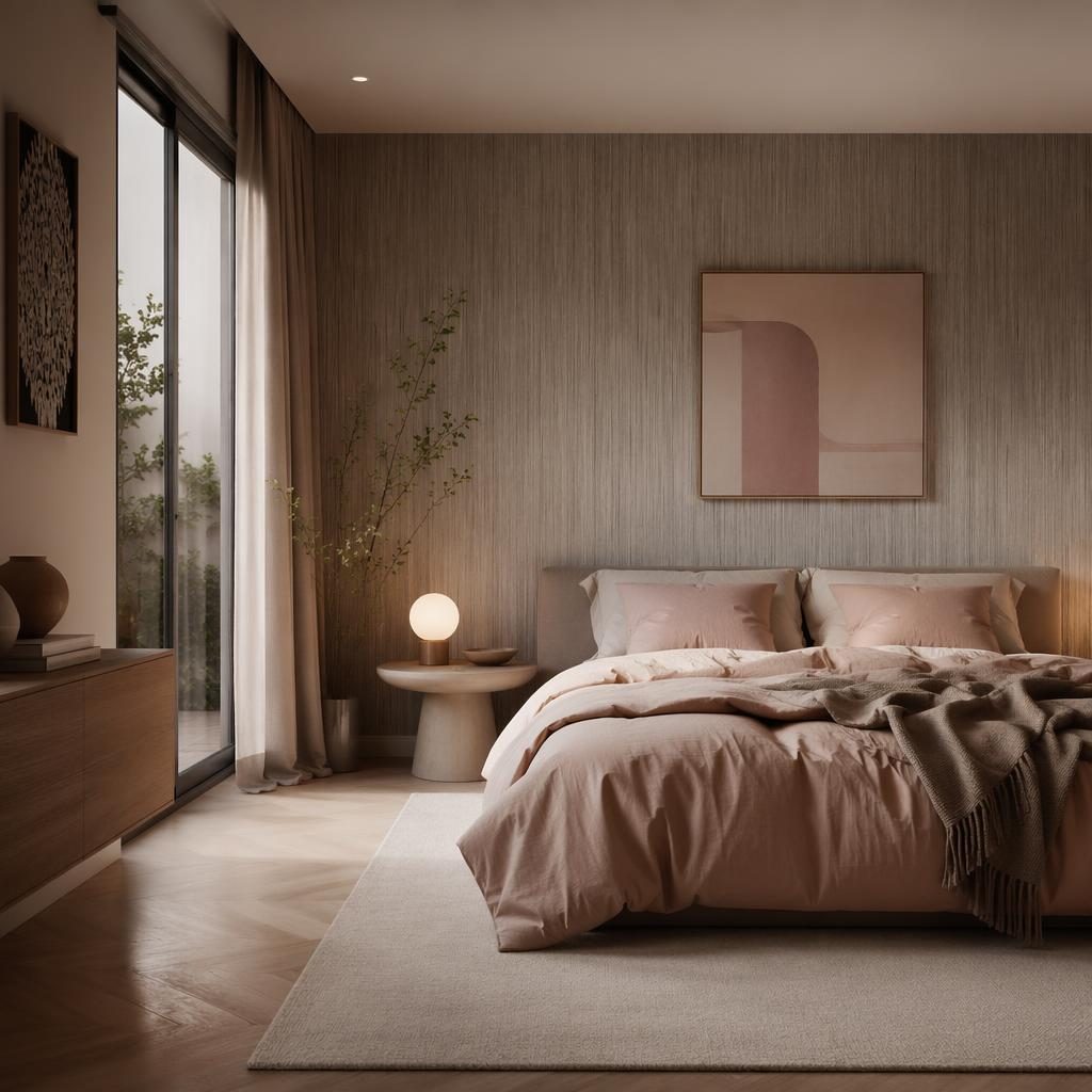 Pastellrosa-beiges Schlafzimmer im Japandi-Stil mit natürlichen Materialien, Textilien, Pflanzen und stimmungsvoller Beleuchtung