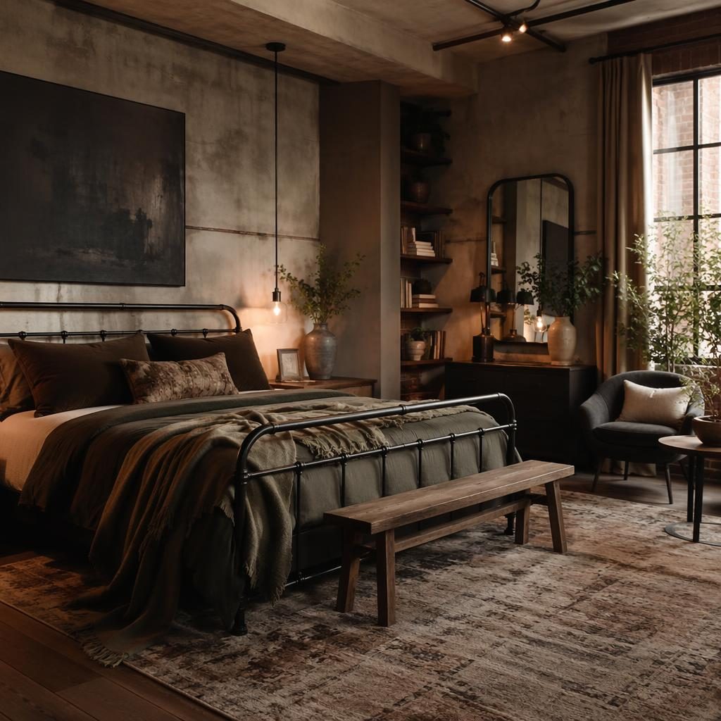 Industrial living room with earth-tone palette, warm evening light, metal frame bed, plants, art, and natural materials