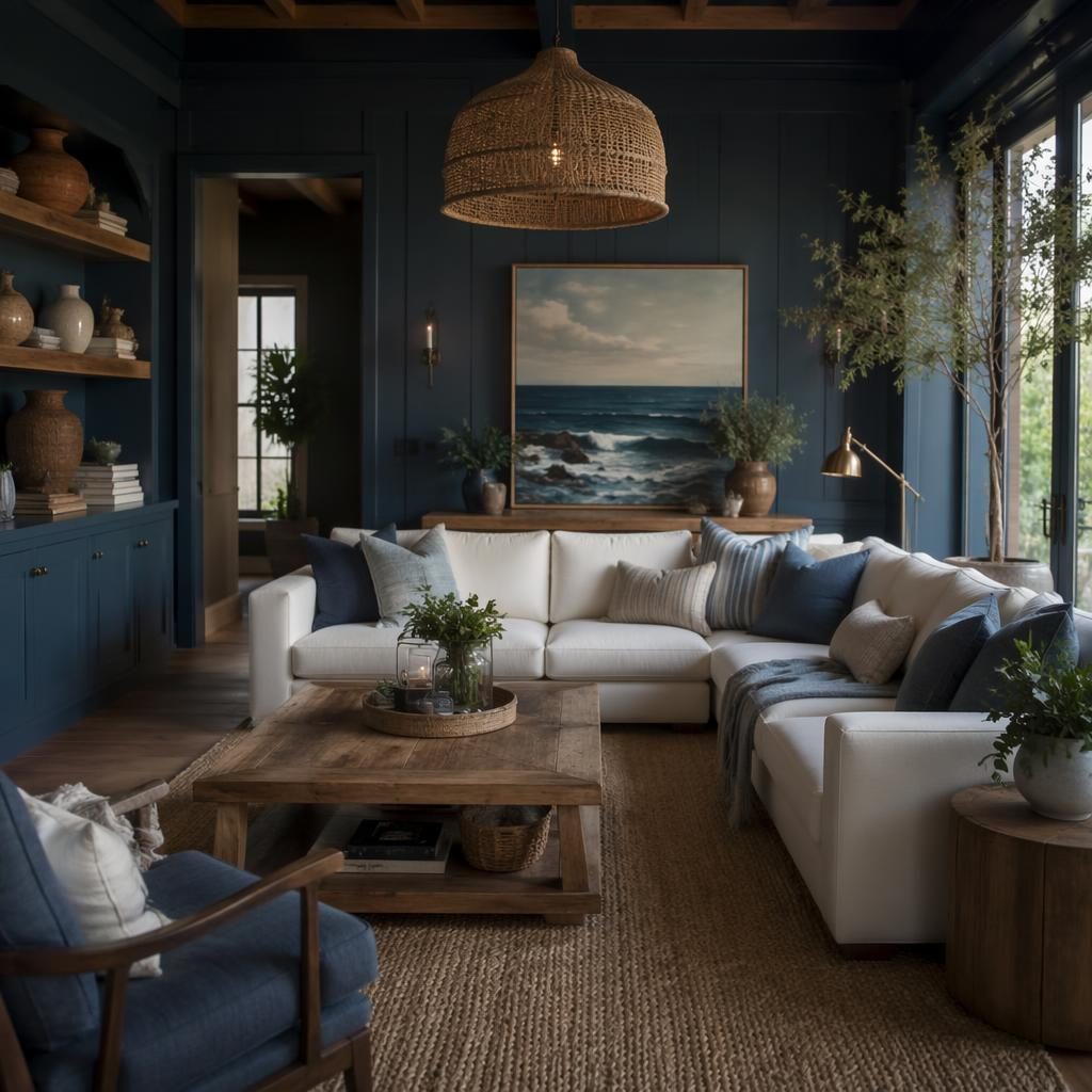 Interior renderizado con estanterías abiertas costeras, tonos azules y latón, materiales naturales, plantas y luz tenue.