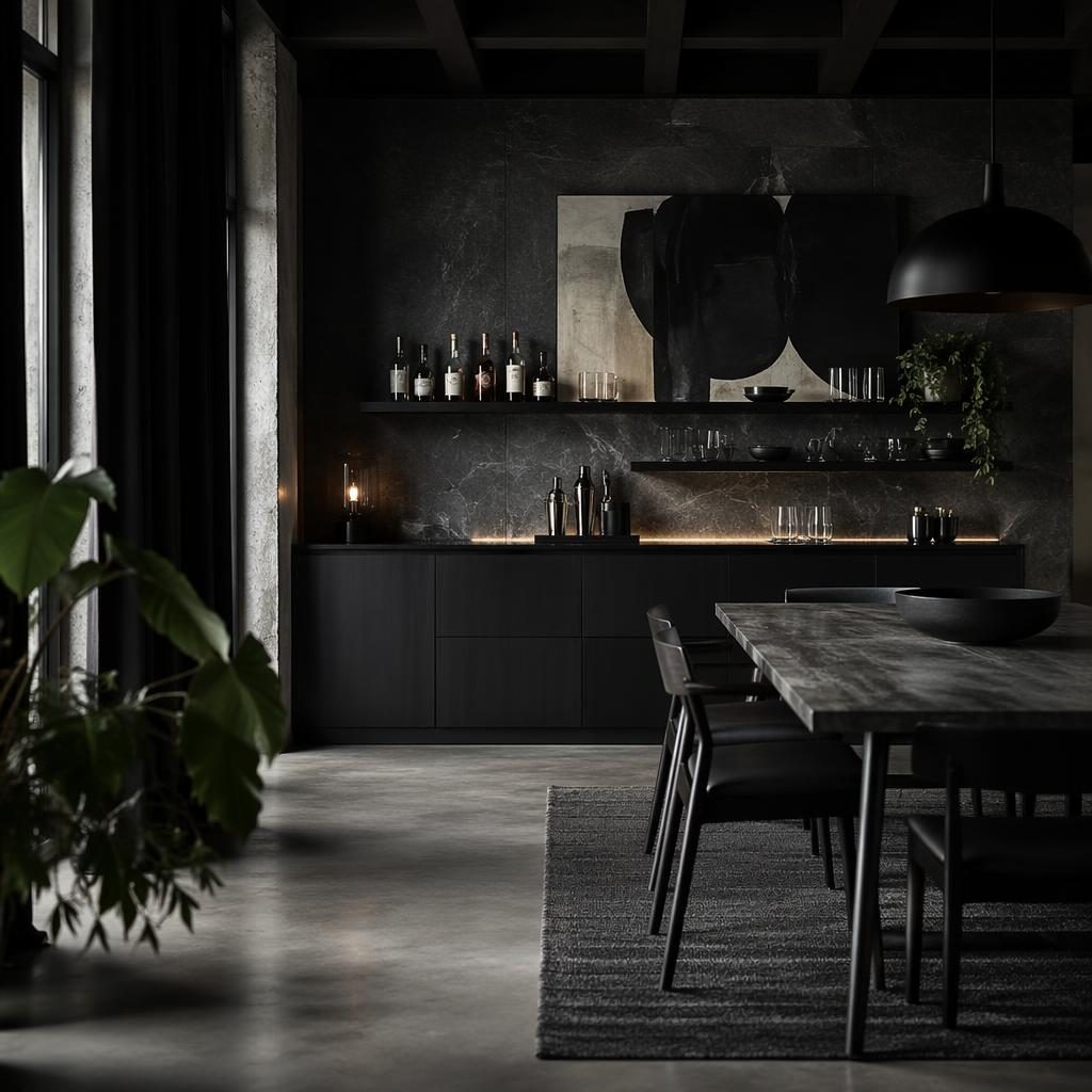 Industrial-Esszimmer in Schwarz-Weiß mit Mid-Century-Hausbar, Pflanzen, Kunst, Textilien und stimmungsvoller Beleuchtung