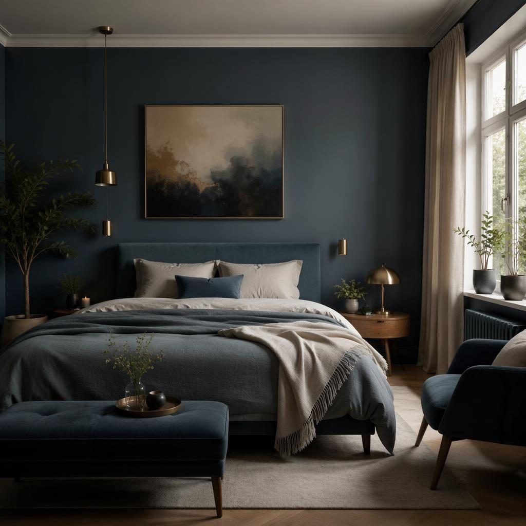 Skandinavisches Schlafzimmer mit Art-Déco-Eingangsbereich, blauer und messingfarbener Palette, Pflanzen und Textilien