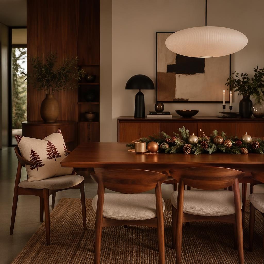 Moody mid-century teak bedroom with warm neutral textiles, plants, art, and a christmas throw pillow on the bed.