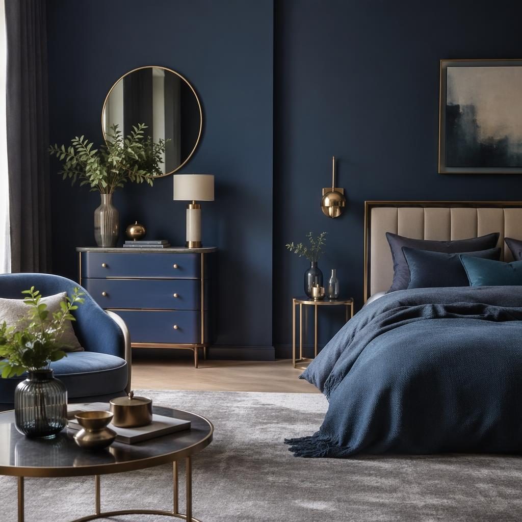 Chambre scandinave art déco bleue et laiton, lumière douce, textiles, plantes et mobilier en matériaux naturels.