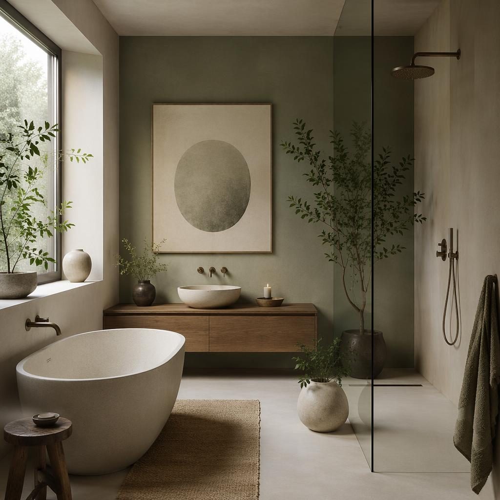 Skandinavisches Wohnzimmer in Salbei und Creme mit Naturmaterialien, Pflanzen, Textilien und weichem Tageslicht.