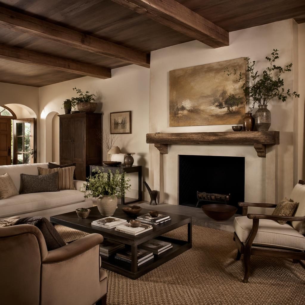 Modern farmhouse living room with warm neutral tones, natural wood, layered textiles, plants, art, and soft diffused light.