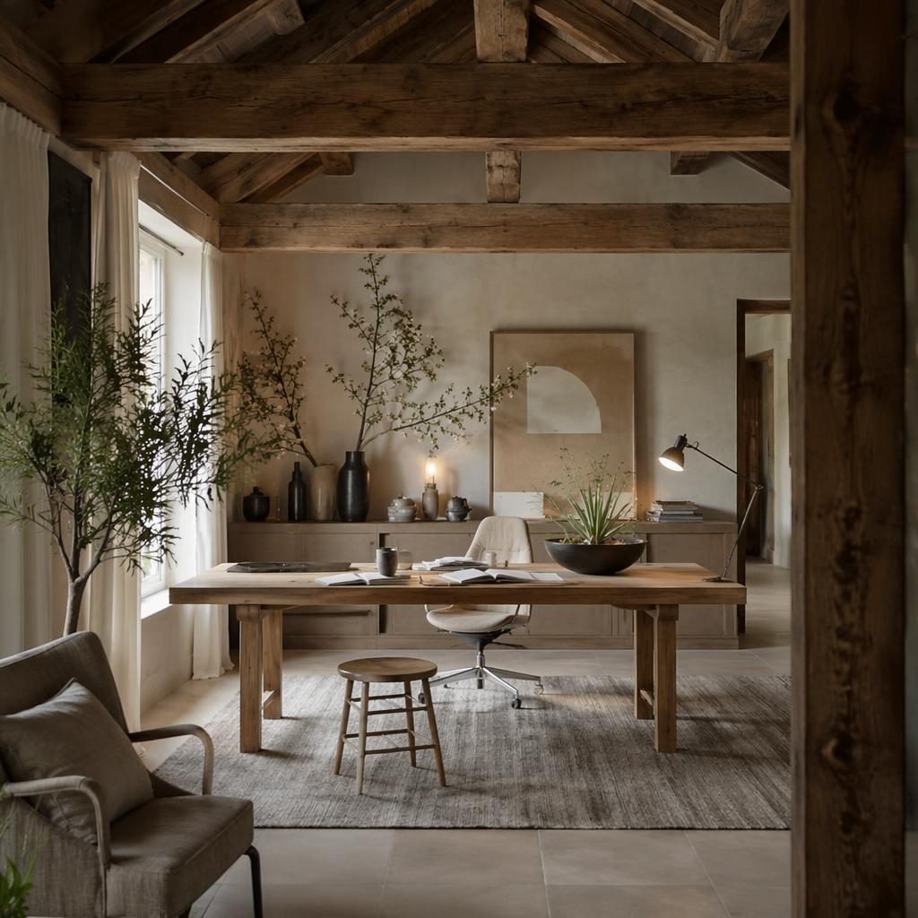 Farmhouse-Esszimmer im offenen Homeoffice-Stil mit Holzbalken, warmen Naturtönen, Pflanzen, Kunst und Tageslicht.