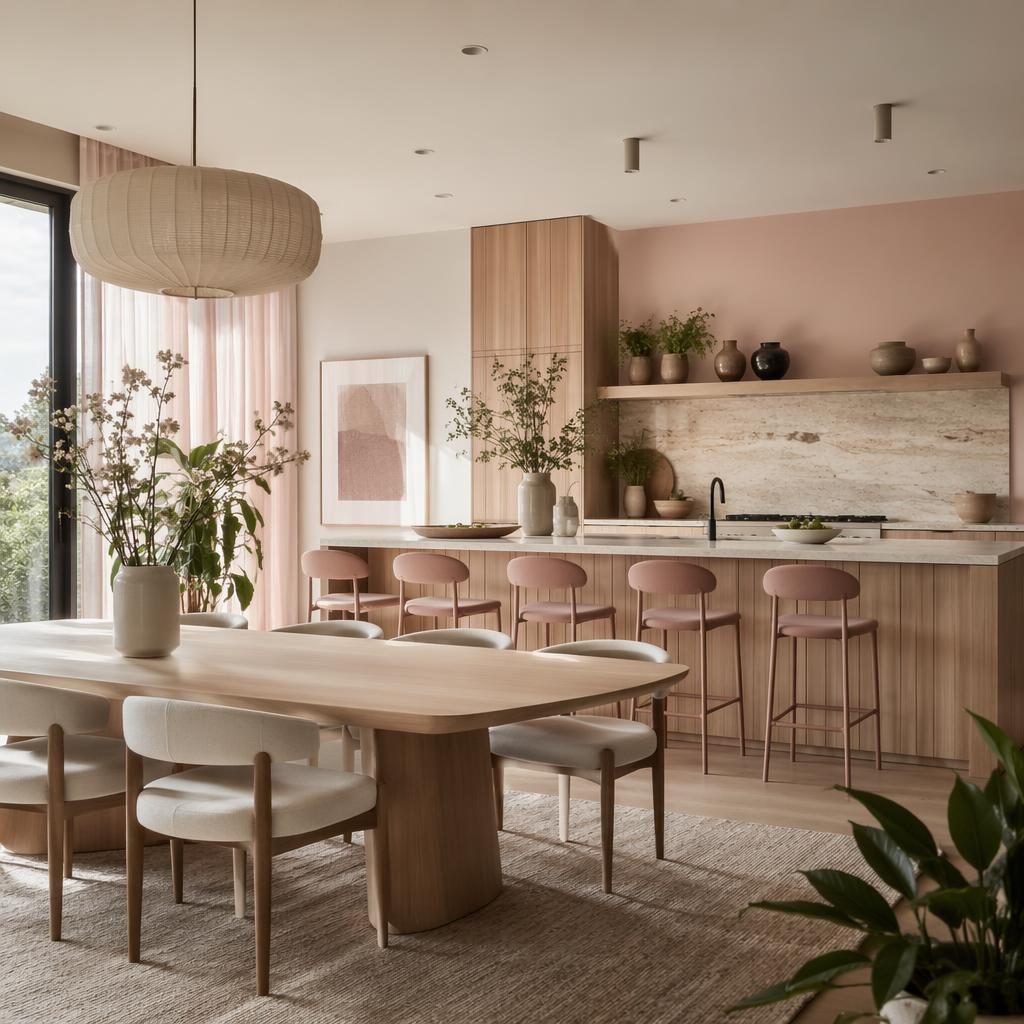 Comedor contemporáneo de lujo con isla de cocina japandi, tonos rosa pastel y beige, luz natural, plantas y textiles.