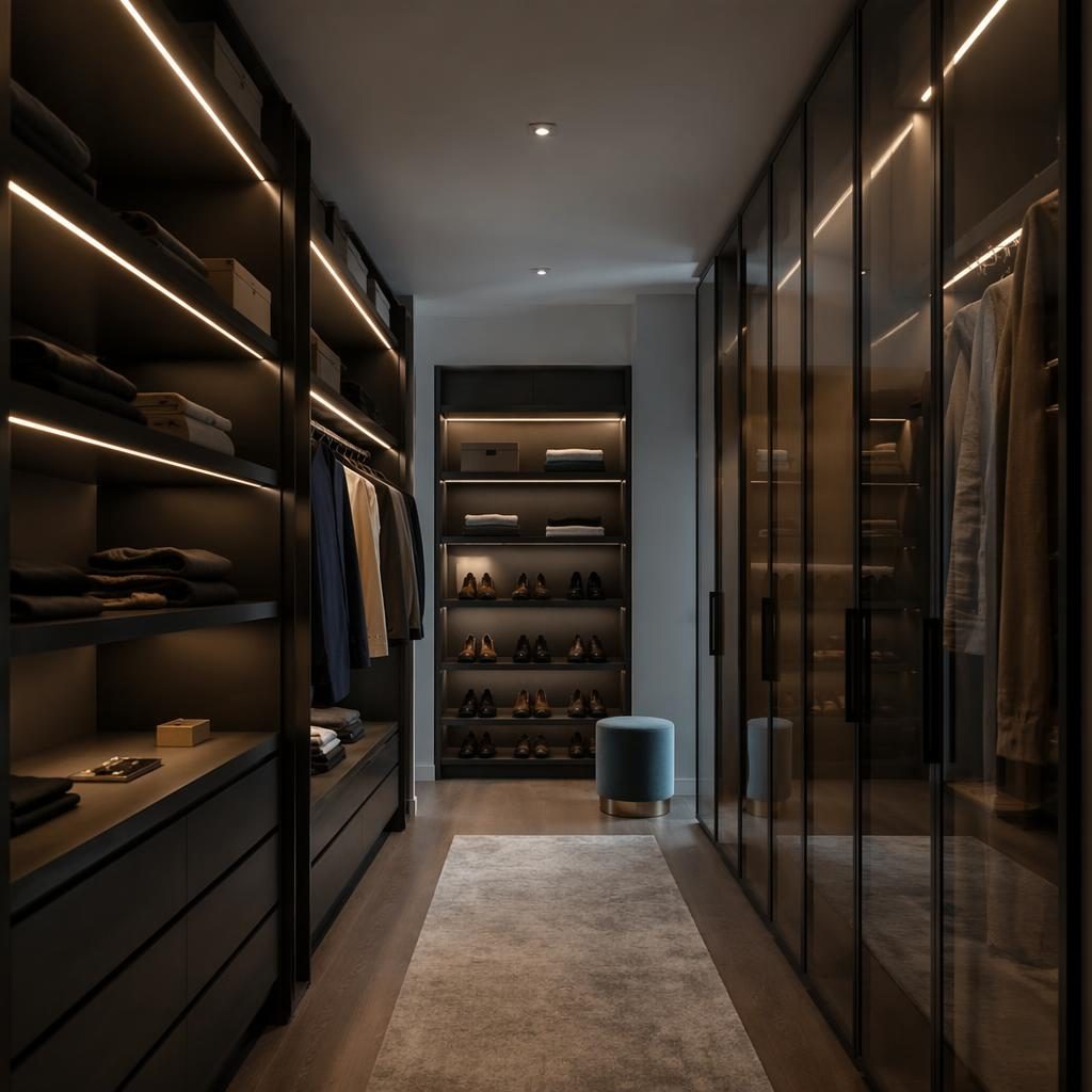 Minimalistischer Walk-in-Closet mit natürlichen Materialien, warmem Abendlicht, Pflanzen, Kunst und Textilien